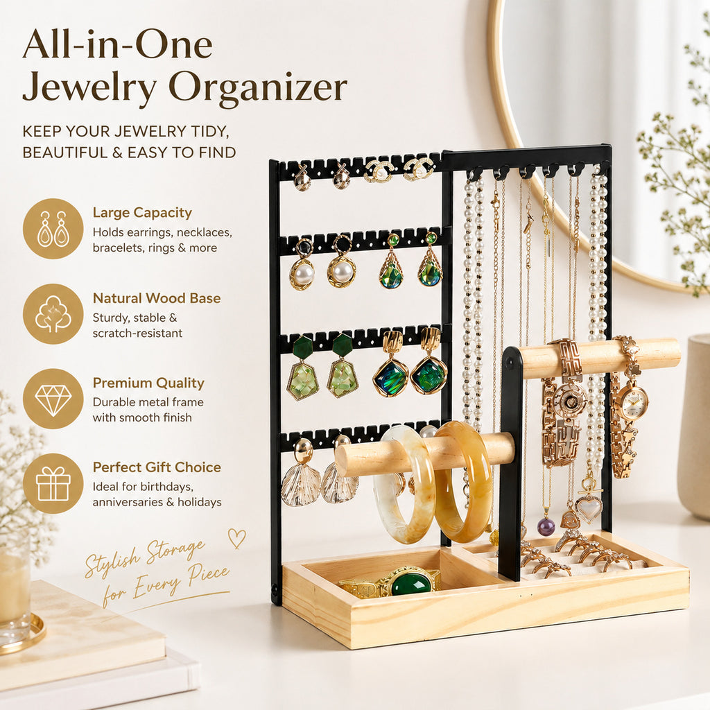 4 tier jewelry organizer stand
earring necklace display rack
dual t bar bracelet watch holder
wood tray jewelry organizer
tabletop jewelry stand
