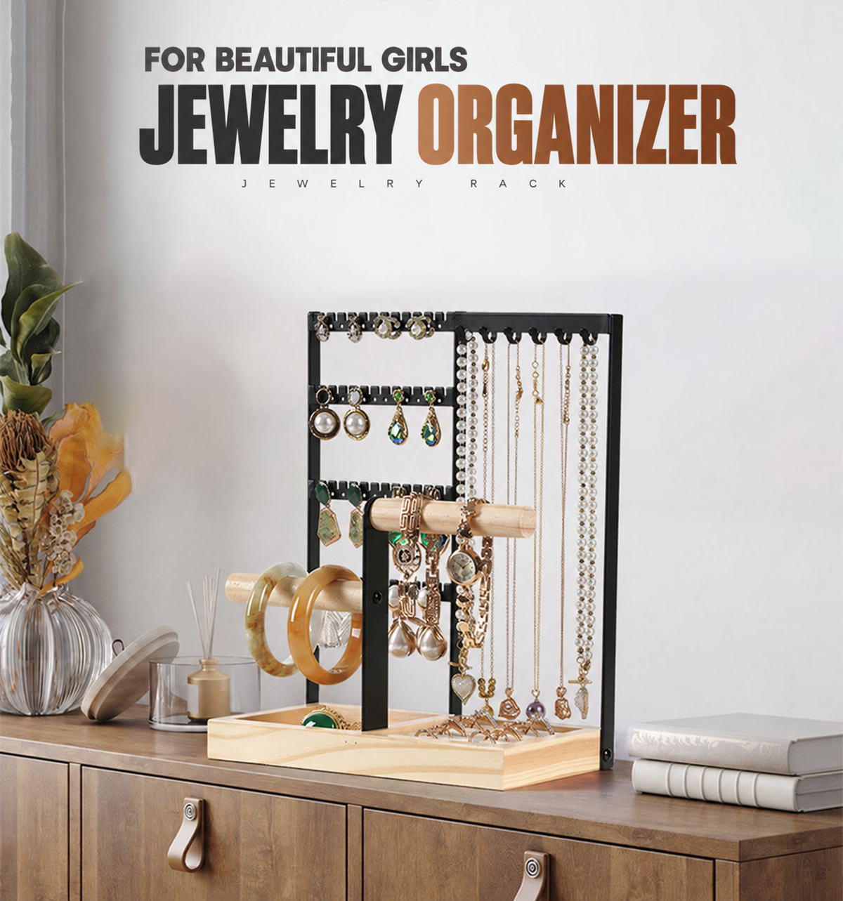 4 tier jewelry organizer stand
earring necklace display rack
dual t bar bracelet watch holder
wood tray jewelry organizer
tabletop jewelry stand