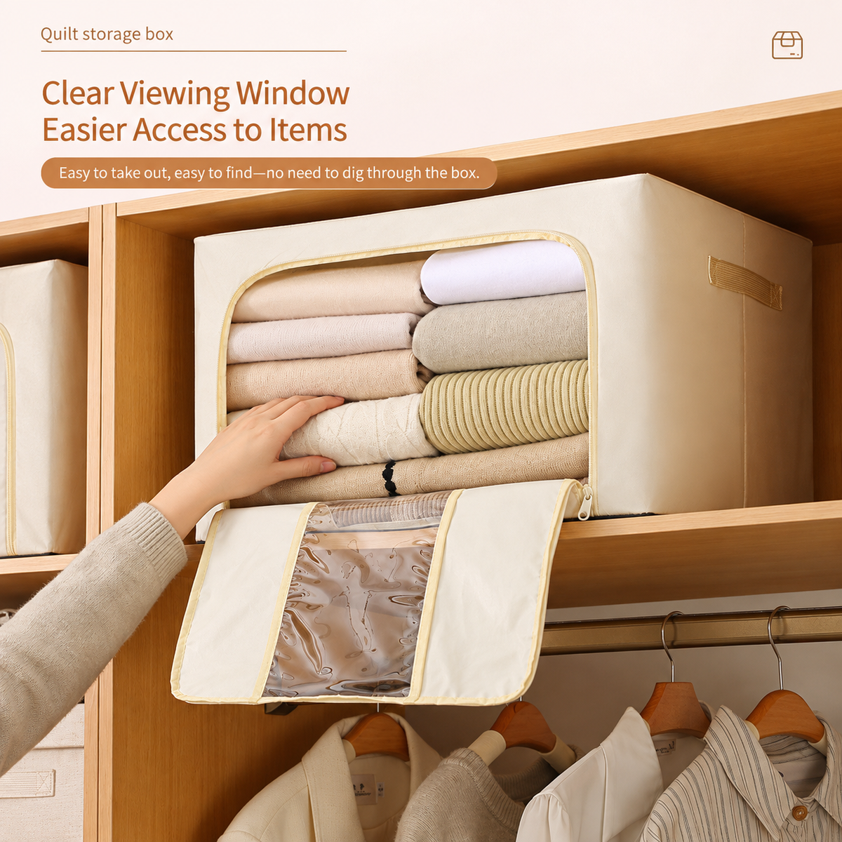 Gray 66L 600D Oxford fabric storage box with clear front window, dual zippers, and side handles, 50 × 40 × 33 cm