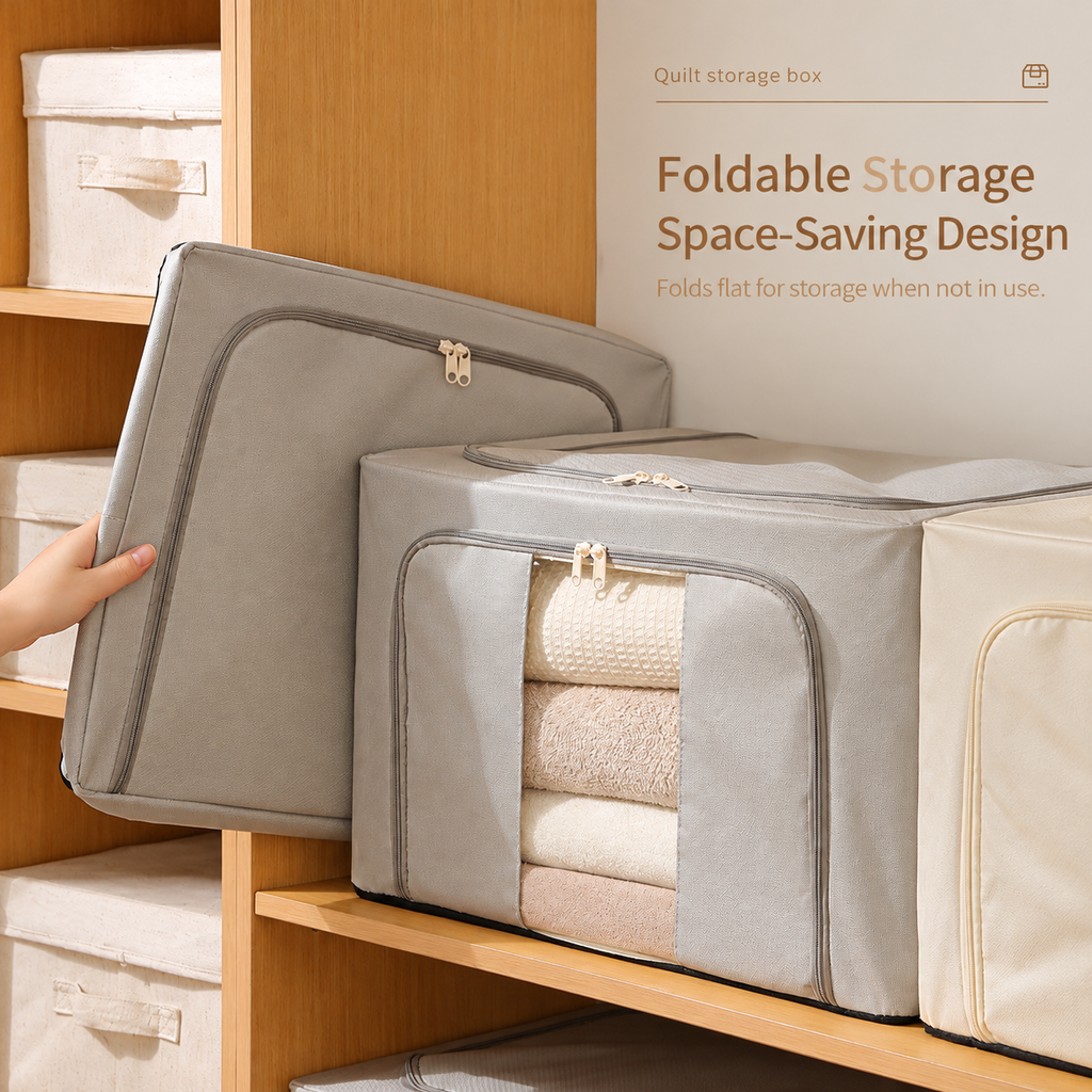 Gray 66L 600D Oxford fabric storage box with clear front window, dual zippers, and side handles, 50 × 40 × 33 cm