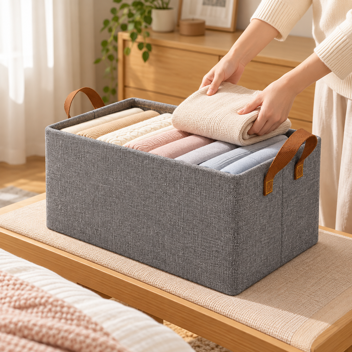 Gray foldable cationic fabric storage box with two carry handles, shown with clothing inside, 48 × 28 × 20 cm