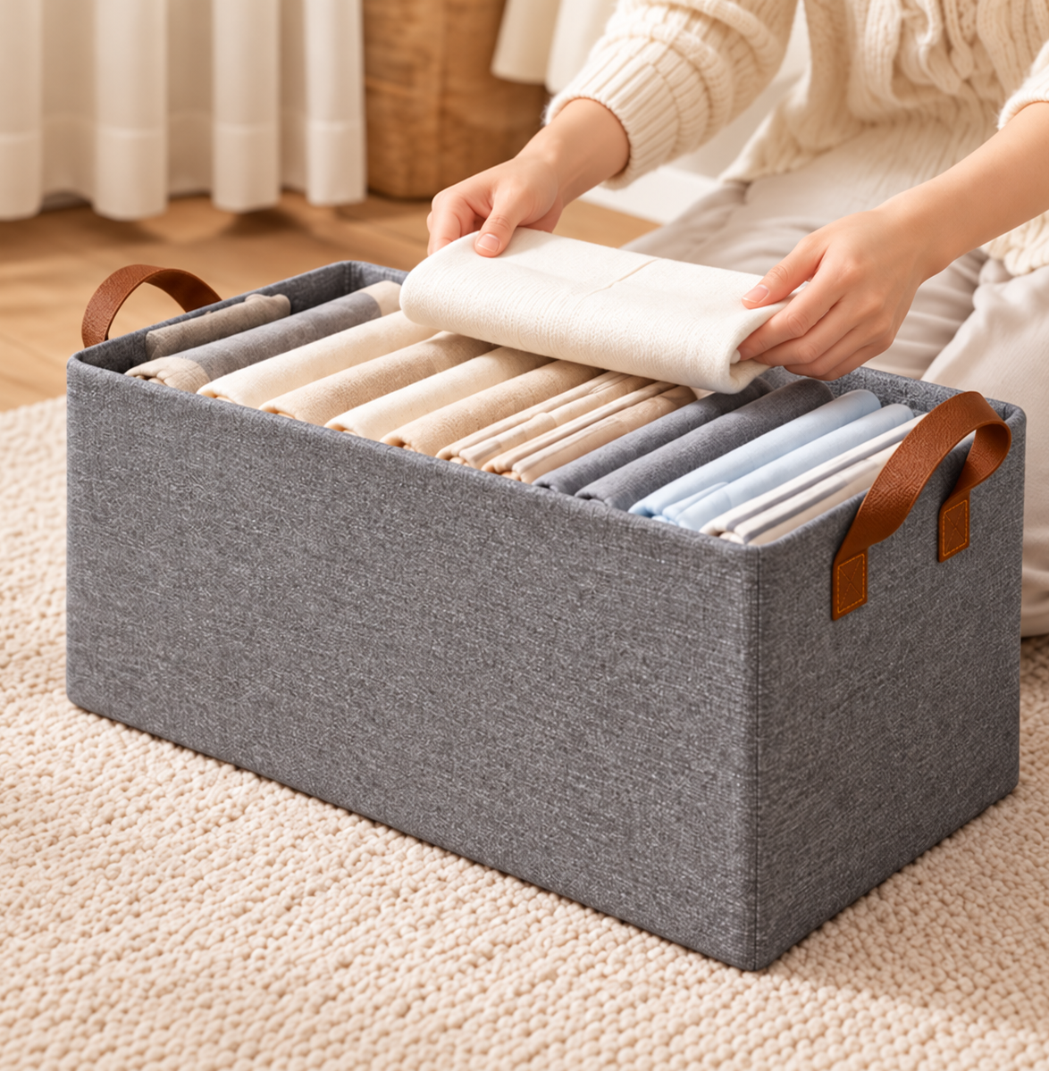 Gray foldable cationic fabric storage box with two carry handles, shown with clothing inside, 48 × 28 × 20 cm