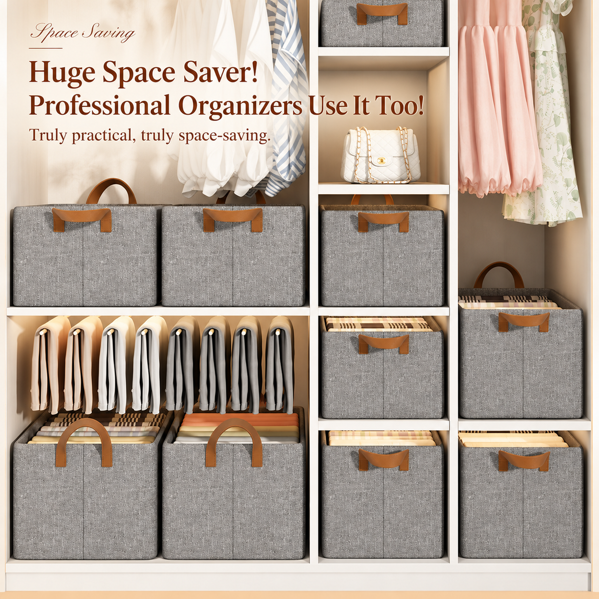 Gray foldable cationic fabric storage box with two carry handles, shown with clothing inside, 48 × 28 × 20 cm