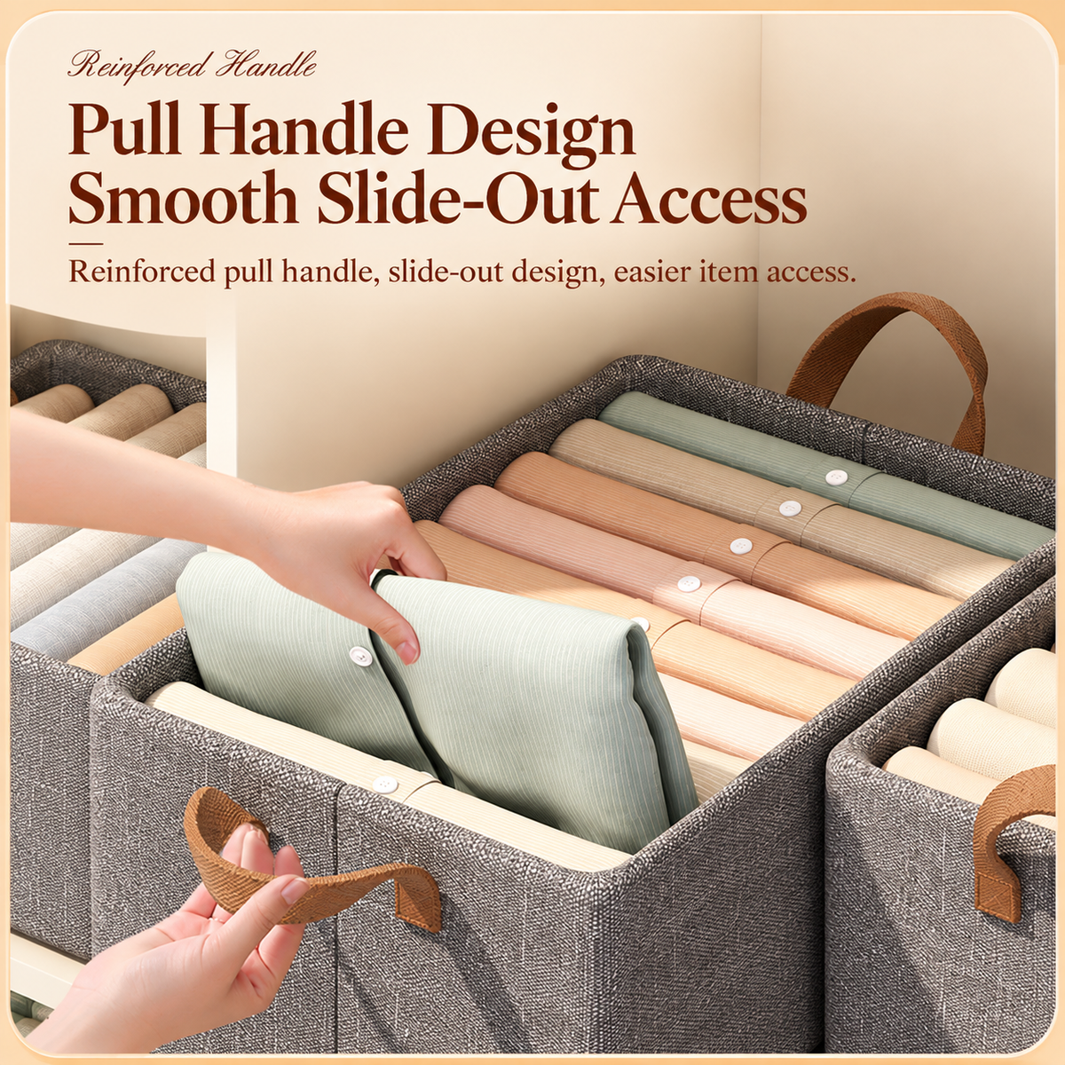 Gray foldable cationic fabric storage box with two carry handles, shown with clothing inside, 48 × 28 × 20 cm