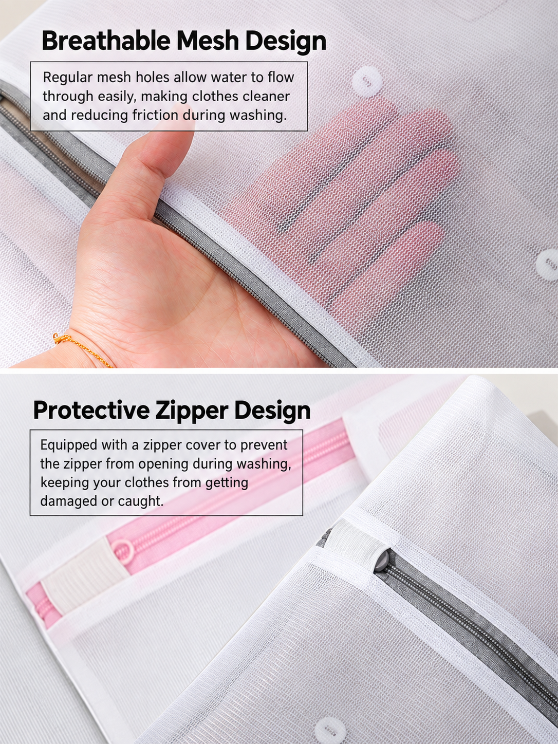 Gray fine mesh laundry bag with zipper closure, medium size, 40 × 50 cm
