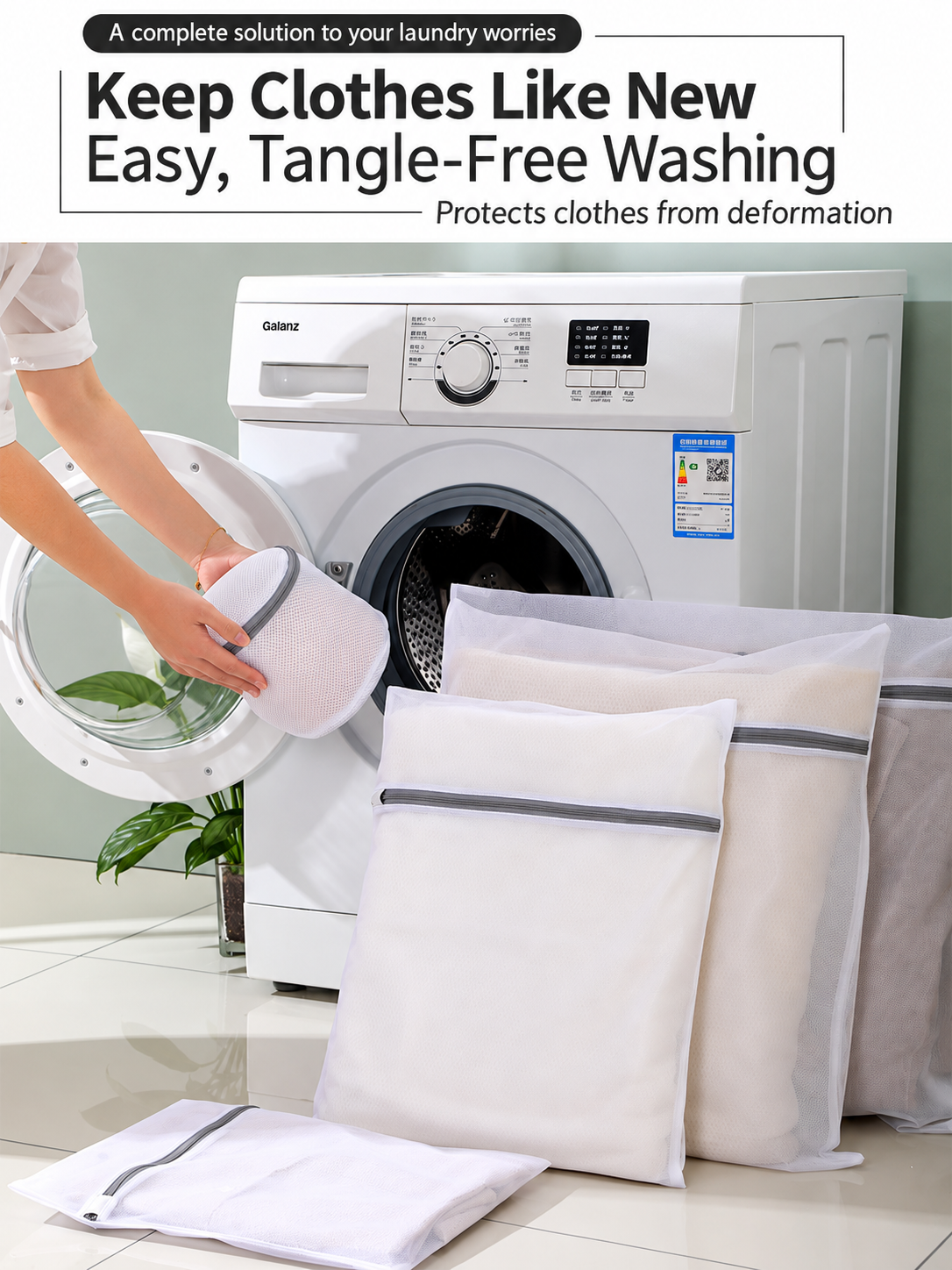 Gray fine mesh laundry bag with zipper closure, medium size, 40 × 50 cm