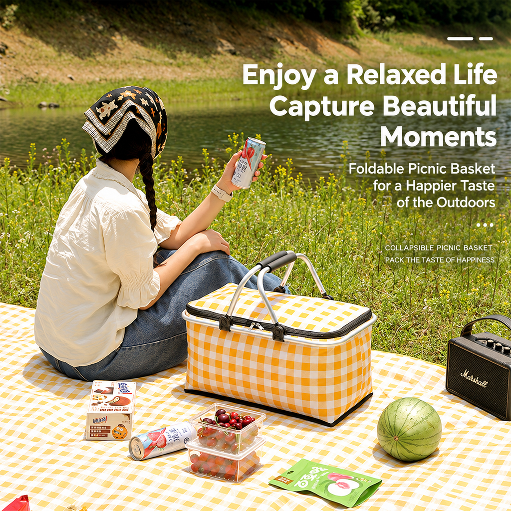 insulated picnic basket
foldable cooler bag
aluminum frame picnic tote
thermal food carrier
outdoor camping cooler
gingham picnic basket green
