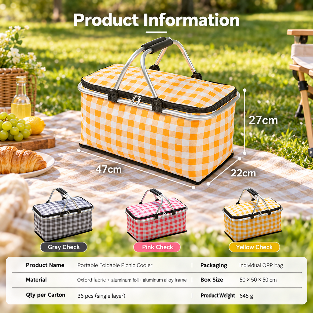 insulated picnic basket
foldable cooler bag
aluminum frame picnic tote
thermal food carrier
outdoor camping cooler
gingham picnic basket green
