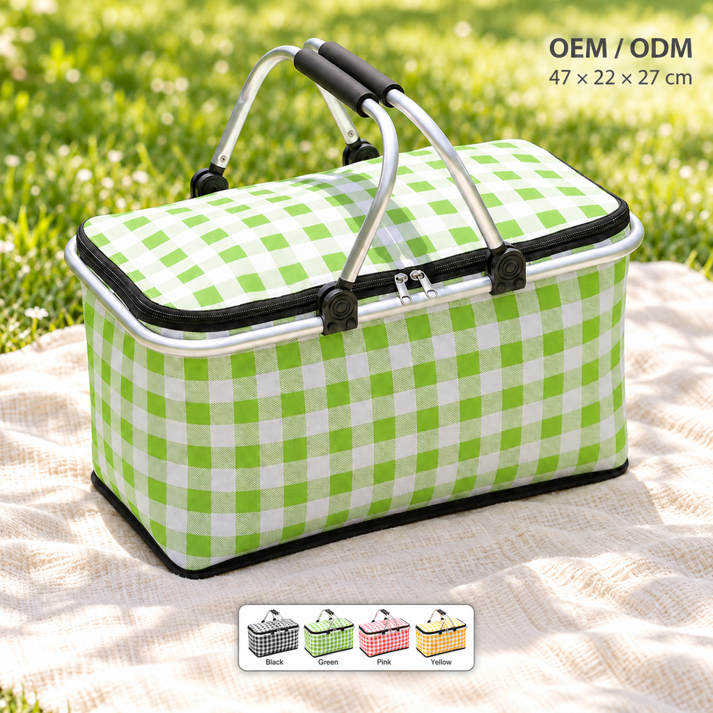 insulated picnic basket
foldable cooler bag
aluminum frame picnic tote
thermal food carrier
outdoor camping cooler
gingham picnic basket green
