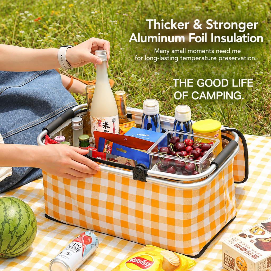 insulated picnic basket
foldable cooler bag
aluminum frame picnic tote
thermal food carrier
outdoor camping cooler
gingham picnic basket green

