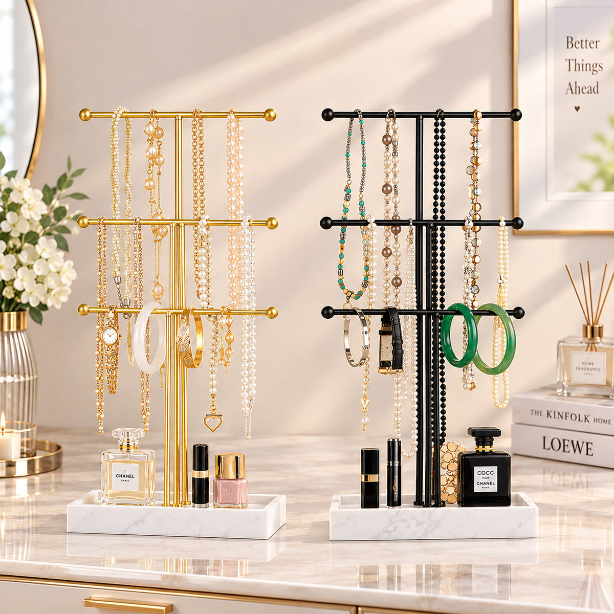 3 tier necklace stand
black jewelry display organizer
metal necklace holder with tray
tabletop jewelry stand
bracelet earring holder
white mdf base jewelry stand