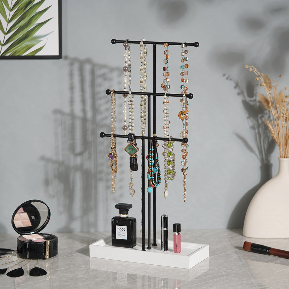 3 tier necklace stand
black jewelry display organizer
metal necklace holder with tray
tabletop jewelry stand
bracelet earring holder
white mdf base jewelry stand