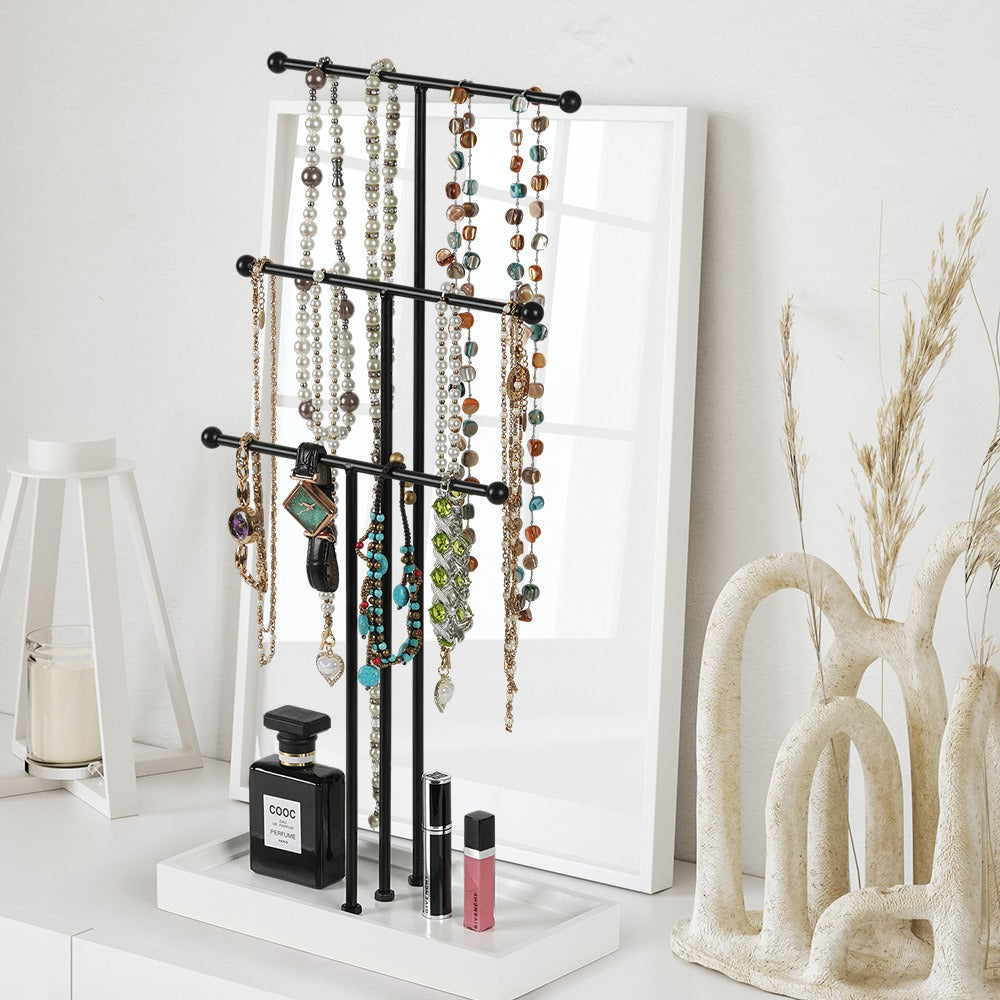 3 tier necklace stand
black jewelry display organizer
metal necklace holder with tray
tabletop jewelry stand
bracelet earring holder
white mdf base jewelry stand