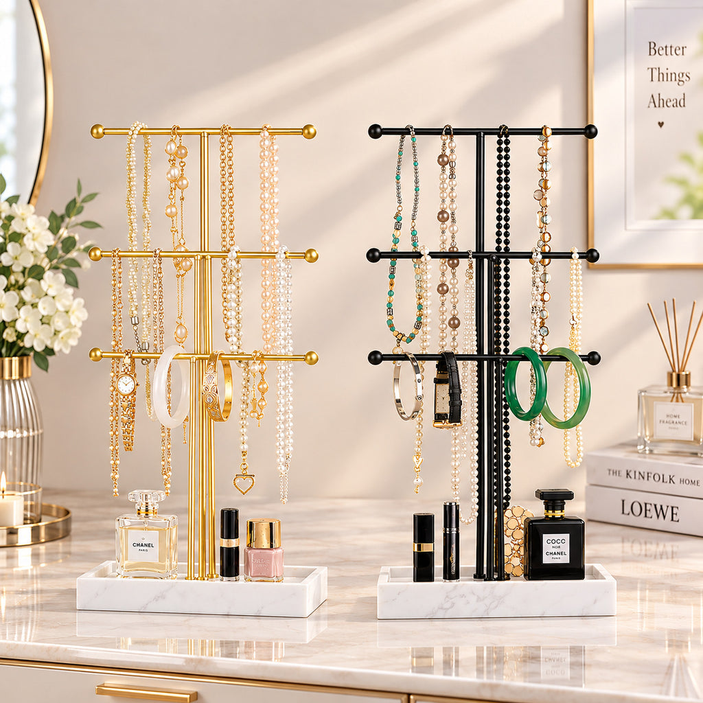 3 tier gold necklace stand
jewelry display organizer
gold metal necklace holder with tray
tabletop jewelry stand
bracelet earring holder
white mdf base jewelry stand
