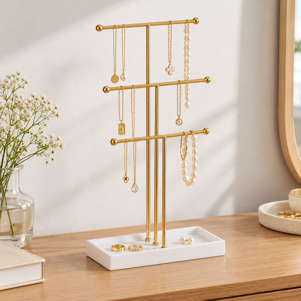 3 tier gold necklace stand
jewelry display organizer
gold metal necklace holder with tray
tabletop jewelry stand
bracelet earring holder
white mdf base jewelry stand
