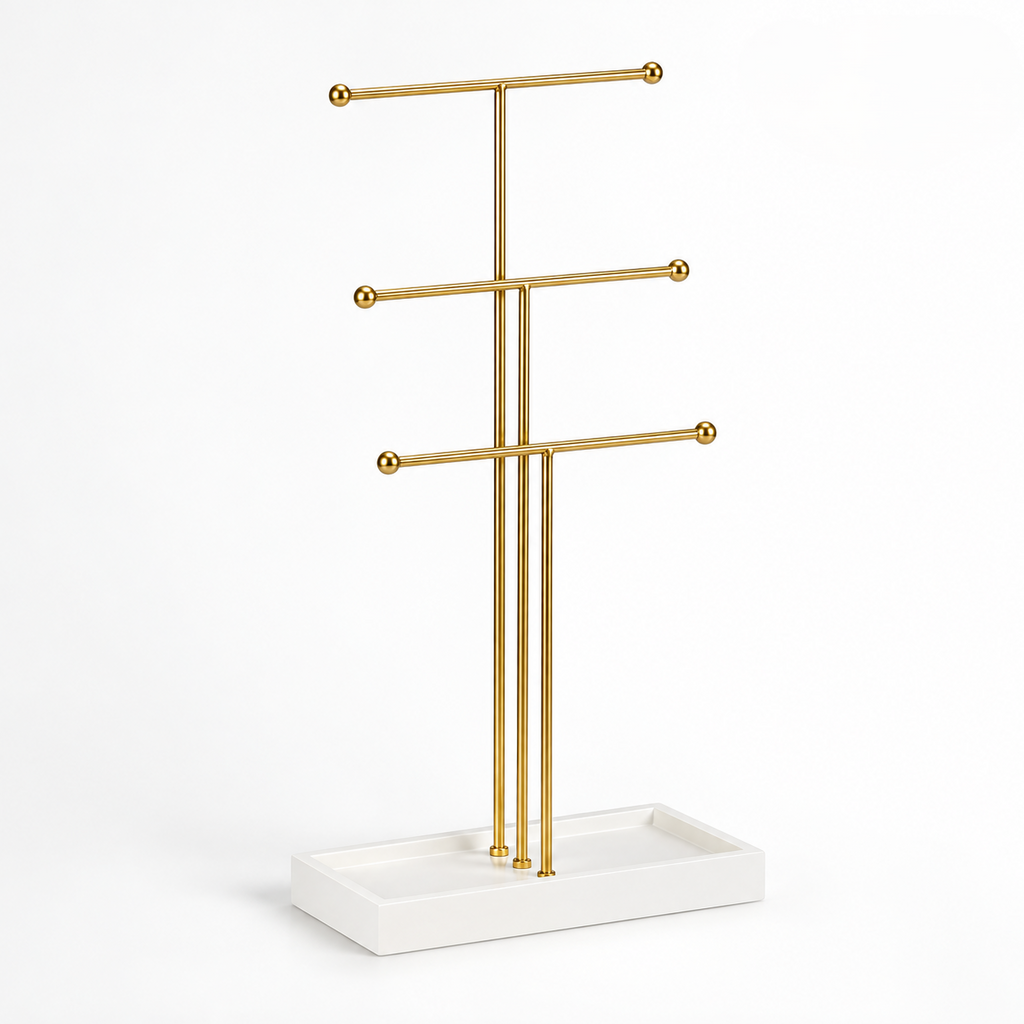 Custom 3-Tier Gold Metal Necklace Stand with White MDF Tray Base, Tabletop Jewelry Display Organizer for Vanity Dresser Bracelet Earring Holder