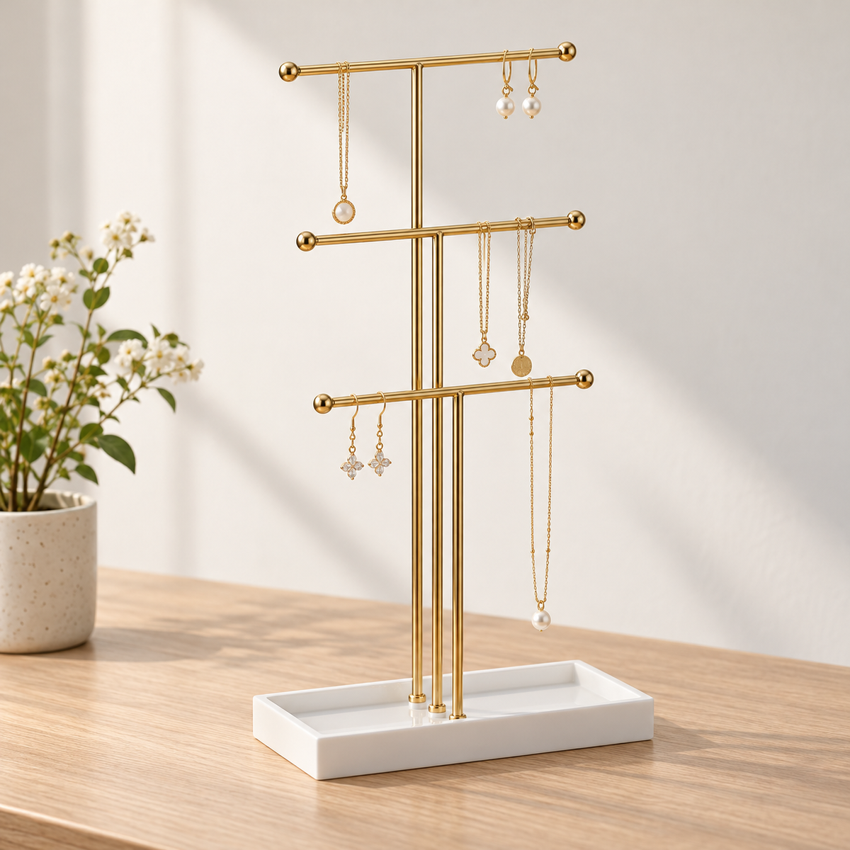 3 tier gold necklace stand
jewelry display organizer
gold metal necklace holder with tray
tabletop jewelry stand
bracelet earring holder
white mdf base jewelry stand
