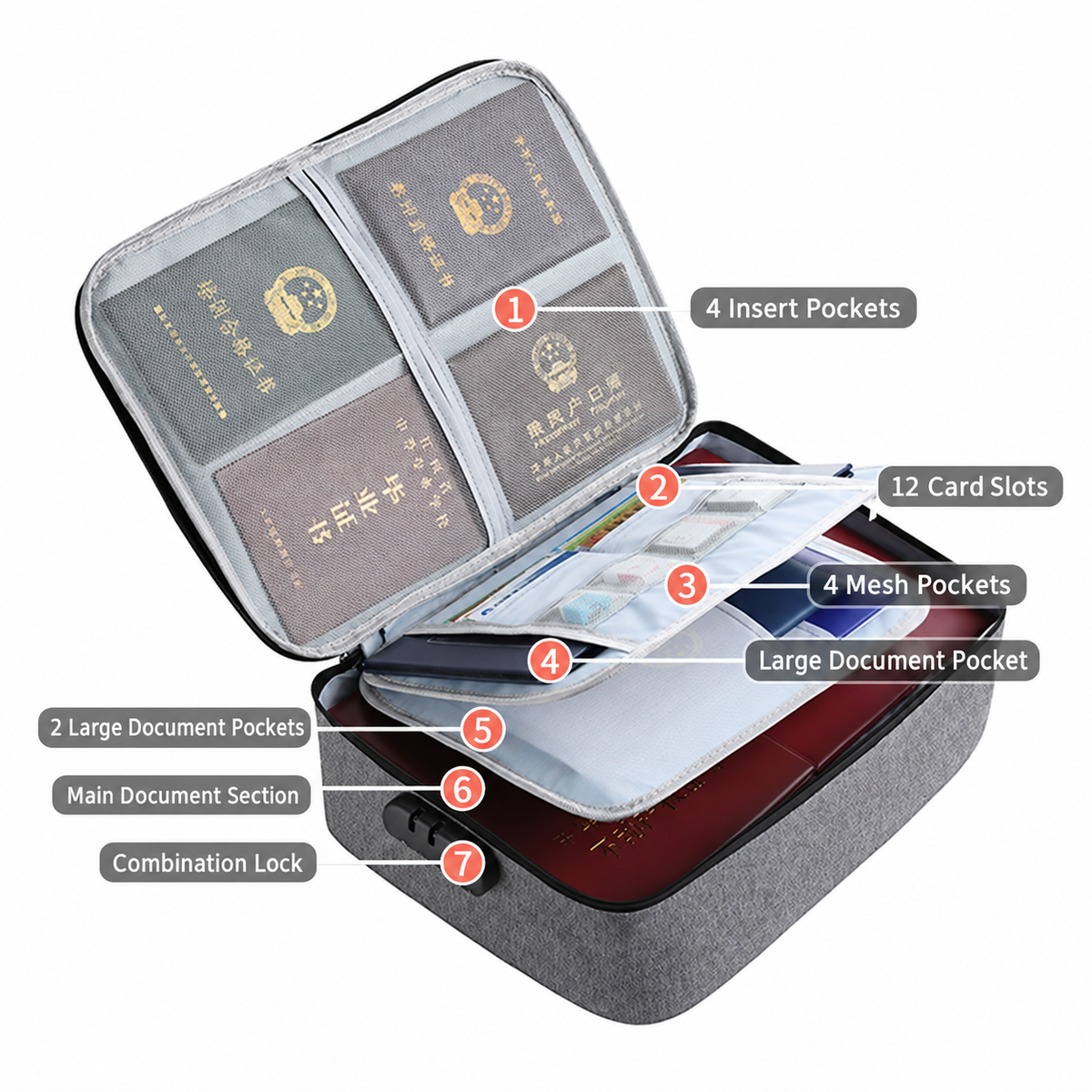 lockable oxford document bag
passport organizer gray
travel document holder
oxford fabric document case
secure ID card wallet