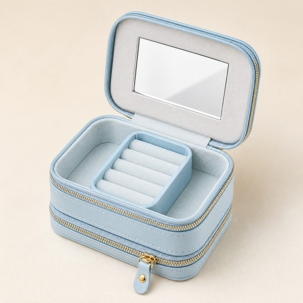 Double Zipper PU Leather Jewelry Box, Portable Travel Jewelry Organizer Case for Ring Earring Necklace, Small Gift for Women Girls