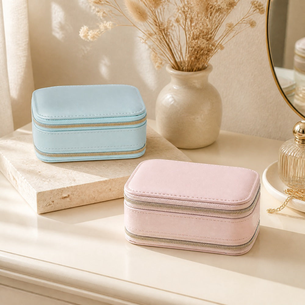 Double Zipper PU Leather Jewelry Box, Portable Travel Jewelry Organizer Case for Ring Earring Necklace, Small Gift for Women Girls