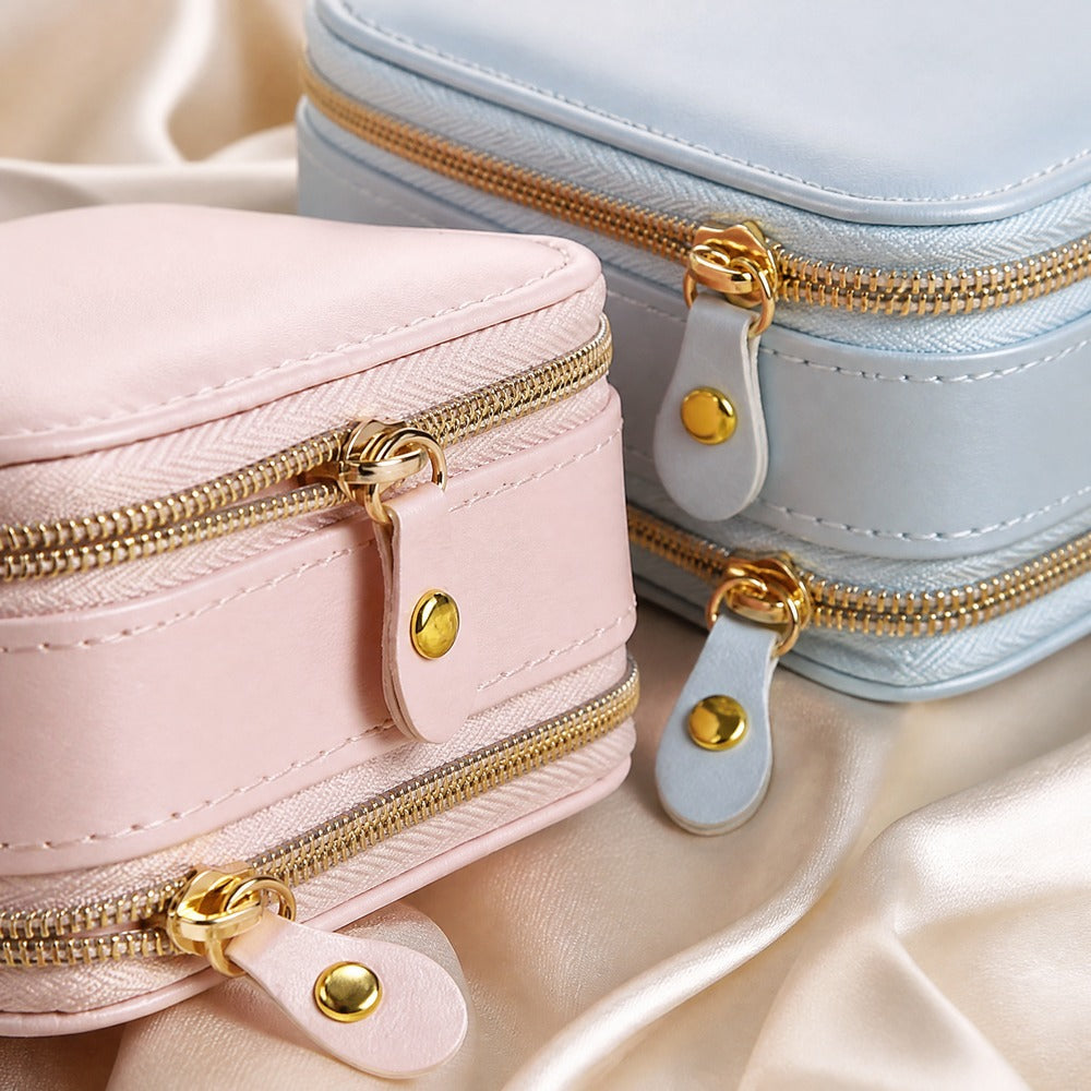 Double Zipper PU Leather Jewelry Box, Portable Travel Jewelry Organizer Case for Ring Earring Necklace, Small Gift for Women Girls