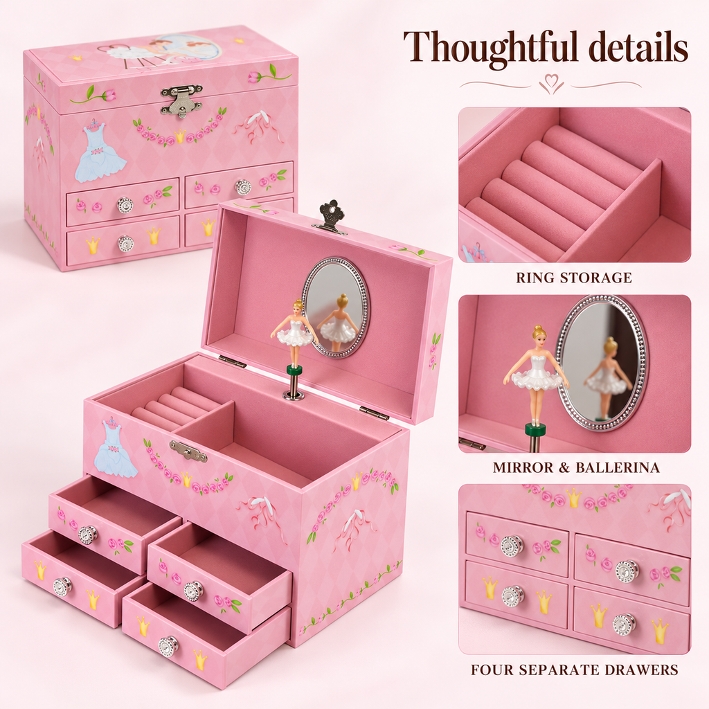 4 drawer musical jewelry box for girls
pink ballet dancer music box
spinning ballerina keepsake box
flip top wooden jewelry box
kids birthday gift music box
