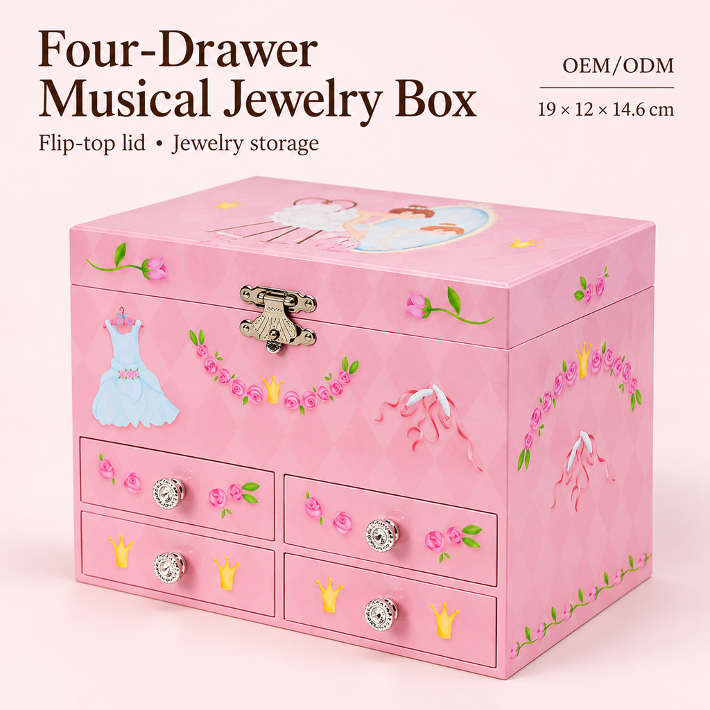 4 drawer musical jewelry box for girls
pink ballet dancer music box
spinning ballerina keepsake box
flip top wooden jewelry box
kids birthday gift music box
