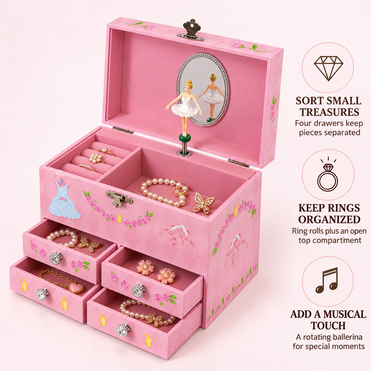 4 drawer musical jewelry box for girls
pink ballet dancer music box
spinning ballerina keepsake box
flip top wooden jewelry box
kids birthday gift music box
