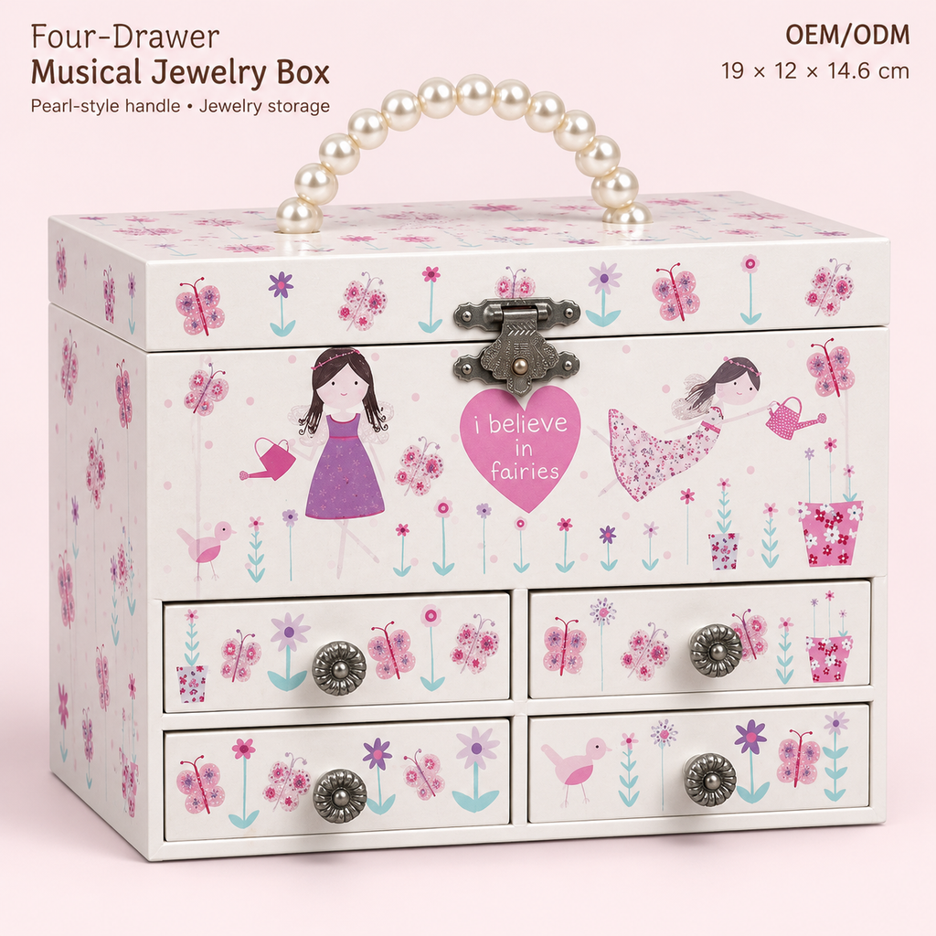4 drawer musical jewelry box with pearl handle
fairy girls wooden music box
spinning ballerina keepsake case
portable jewelry box for girls
kids birthday gift music box

