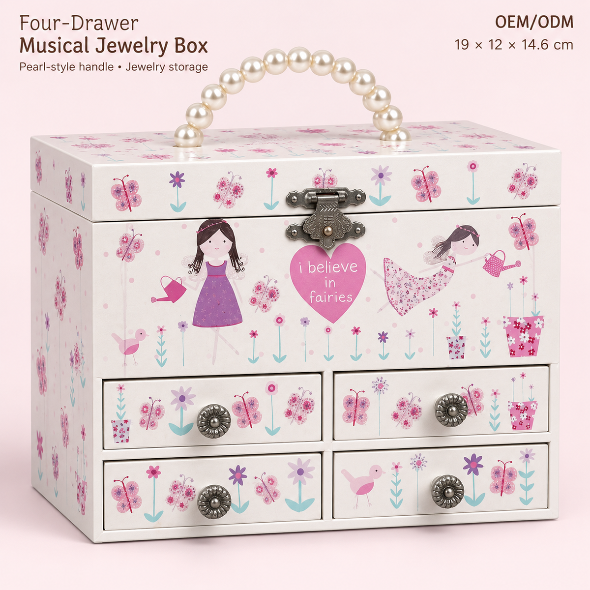 4 drawer musical jewelry box with pearl handle
fairy girls wooden music box
spinning ballerina keepsake case
portable jewelry box for girls
kids birthday gift music box
