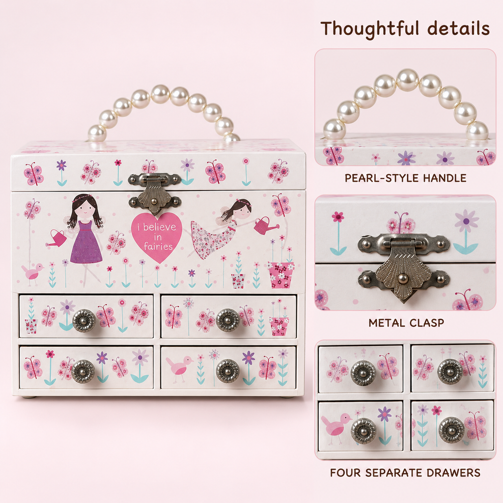 4 drawer musical jewelry box with pearl handle
fairy girls wooden music box
spinning ballerina keepsake case
portable jewelry box for girls
kids birthday gift music box
