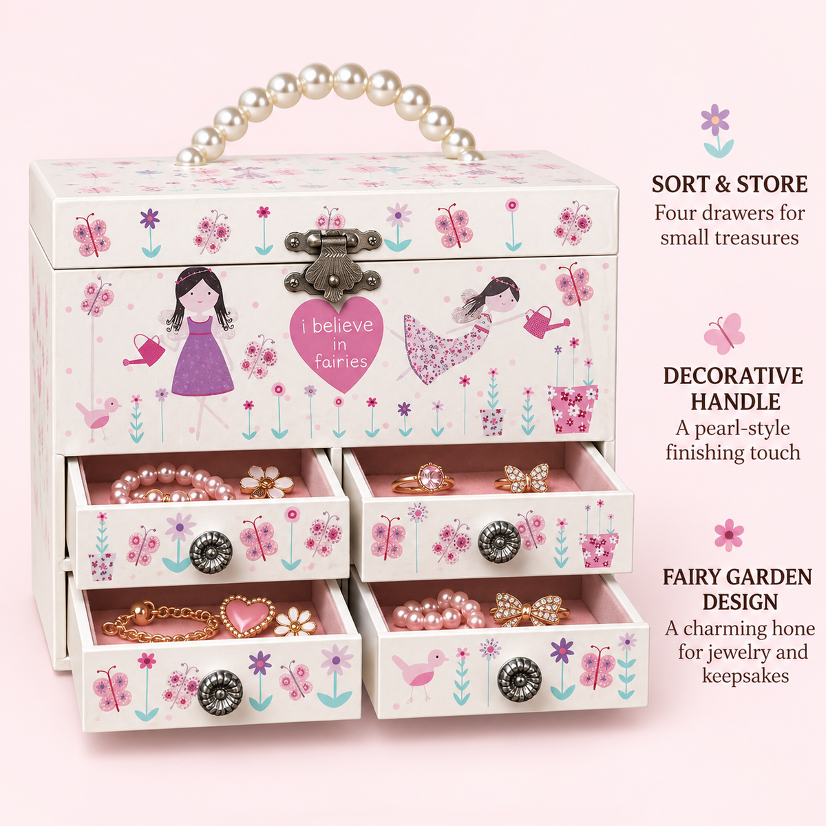 4 drawer musical jewelry box with pearl handle
fairy girls wooden music box
spinning ballerina keepsake case
portable jewelry box for girls
kids birthday gift music box
