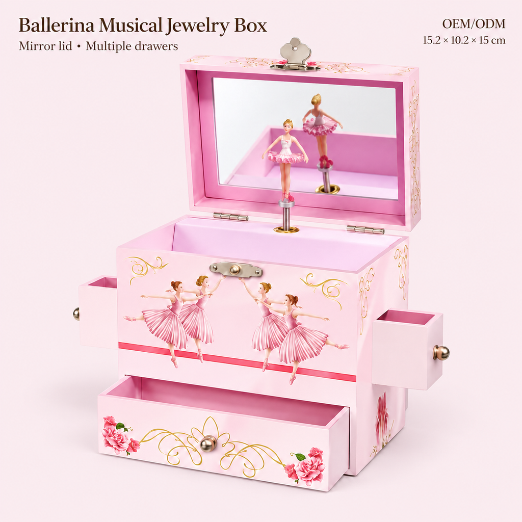 4 drawer tall musical jewelry box
pink ballerina girls music box
mirror lid spinning ballerina
high capacity keepsake organizer
kids birthday gift music box
