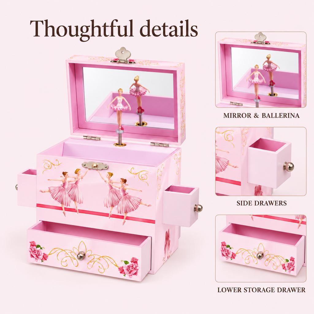 4 drawer tall musical jewelry box
pink ballerina girls music box
mirror lid spinning ballerina
high capacity keepsake organizer
kids birthday gift music box
