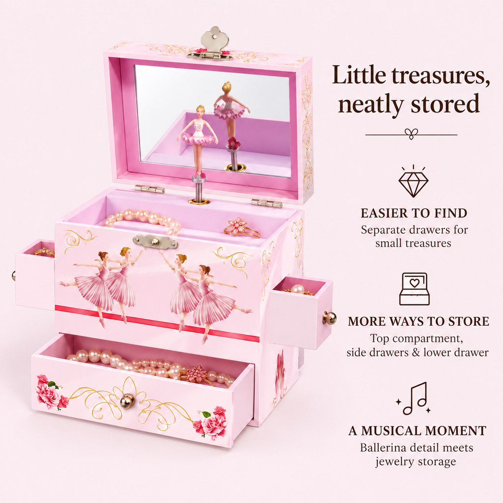 4 drawer tall musical jewelry box
pink ballerina girls music box
mirror lid spinning ballerina
high capacity keepsake organizer
kids birthday gift music box
