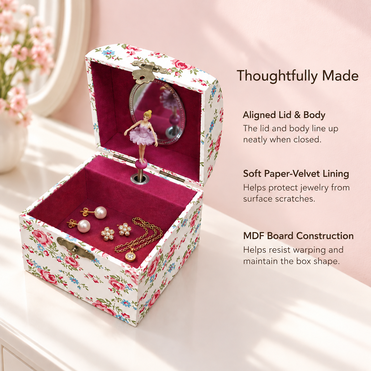 4 inch arched musical jewelry box
white rose floral girls music box
oval mirror spinning ballerina
compact wooden keepsake
kids birthday gift music box
