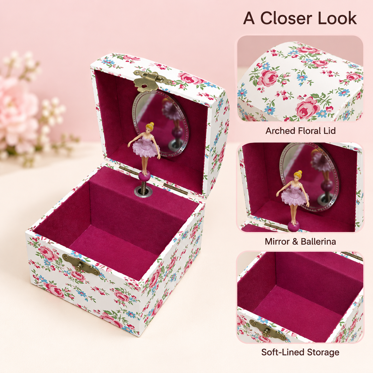 4 inch arched musical jewelry box
white rose floral girls music box
oval mirror spinning ballerina
compact wooden keepsake
kids birthday gift music box
