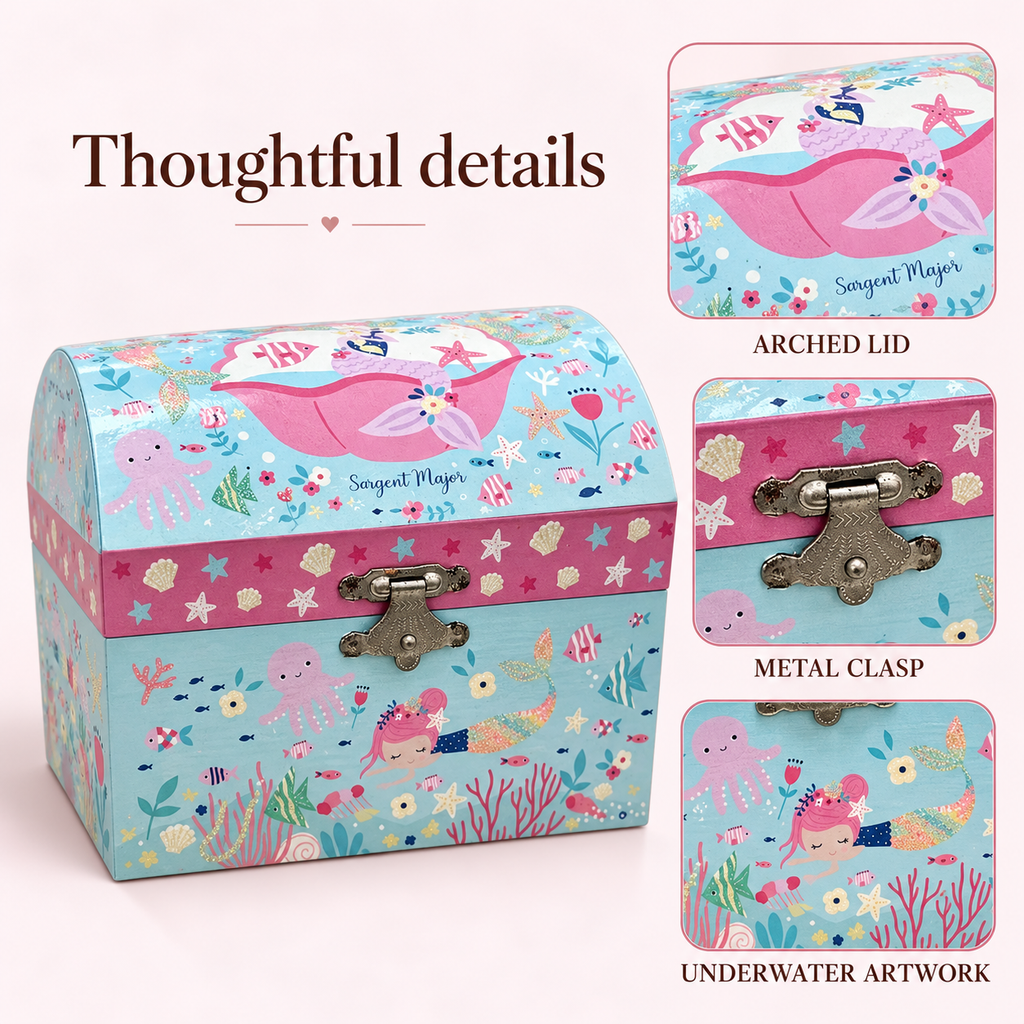 5 inch arched mermaid musical jewelry box
compact ocean girls music box
spinning dancer treasure case
kids birthday gift music box
wholesale music box
