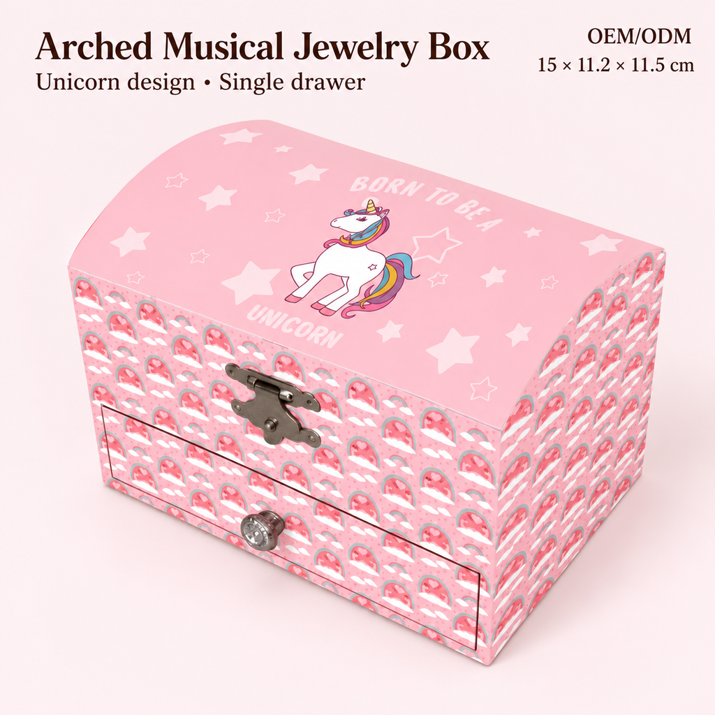 arched unicorn musical jewelry box
pink 5 inch wooden music box
single drawer spinning ballerina
kids unicorn keepsake box
birthday gift music box
