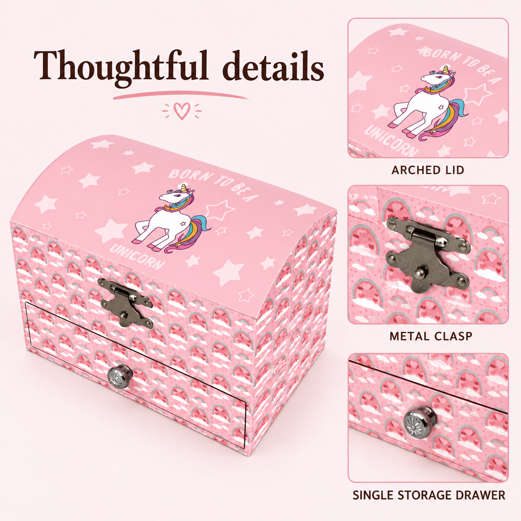 arched unicorn musical jewelry box
pink 5 inch wooden music box
single drawer spinning ballerina
kids unicorn keepsake box
birthday gift music box
