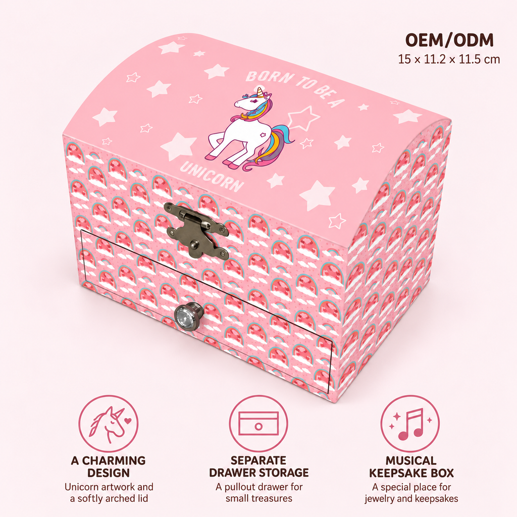 arched unicorn musical jewelry box
pink 5 inch wooden music box
single drawer spinning ballerina
kids unicorn keepsake box
birthday gift music box
