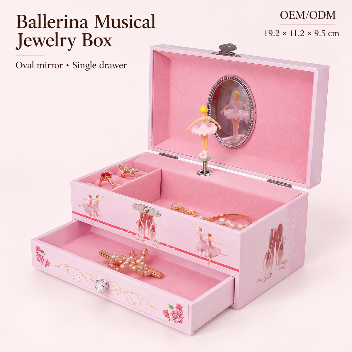 ballerina musical jewelry box for girls
6 inch pink wooden music box
oval mirror spinning ballerina
single drawer keepsake box
kids birthday gift music box
