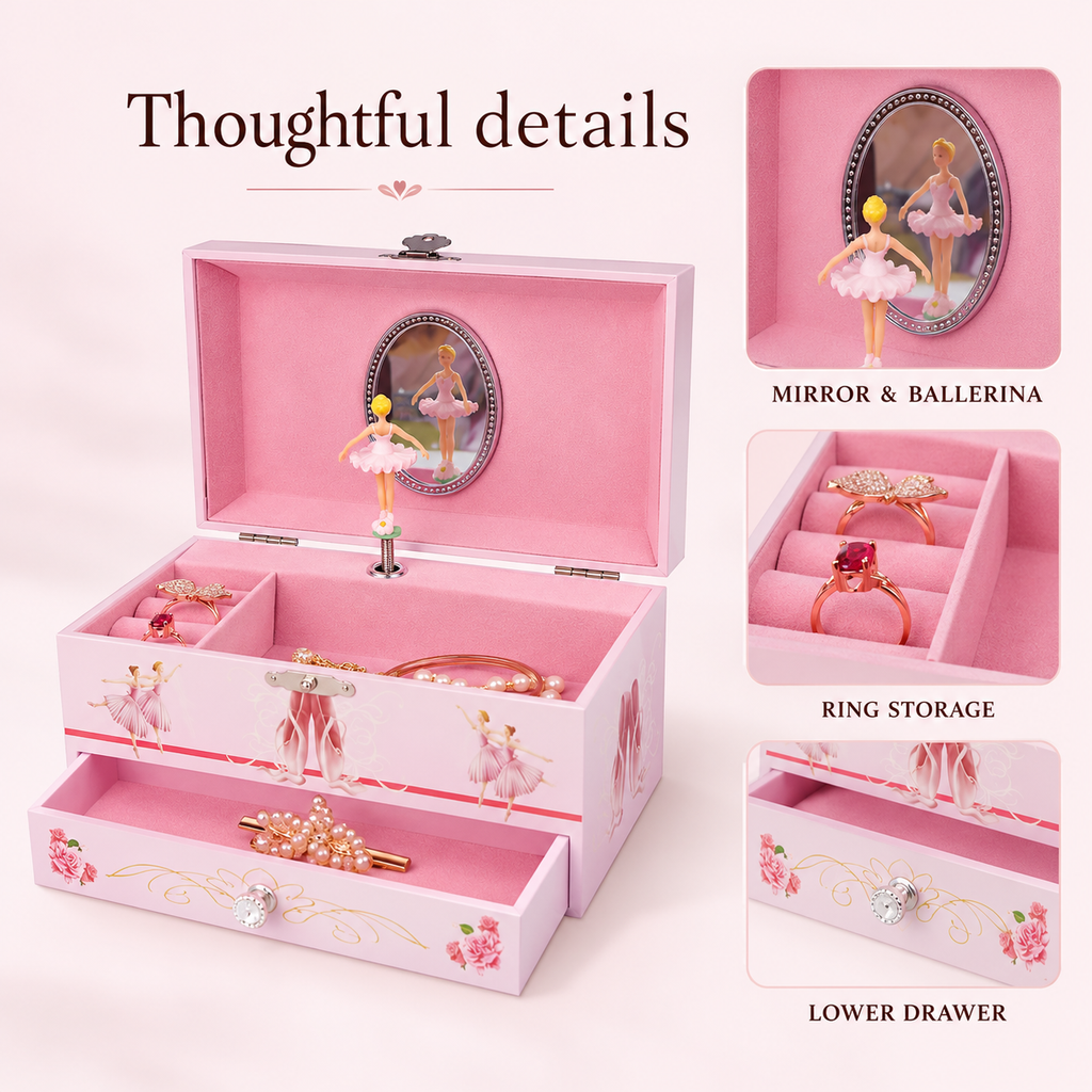 ballerina musical jewelry box for girls
6 inch pink wooden music box
oval mirror spinning ballerina
single drawer keepsake box
kids birthday gift music box
