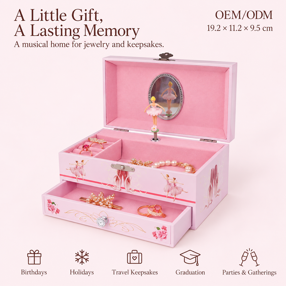 ballerina musical jewelry box for girls
6 inch pink wooden music box
oval mirror spinning ballerina
single drawer keepsake box
kids birthday gift music box
