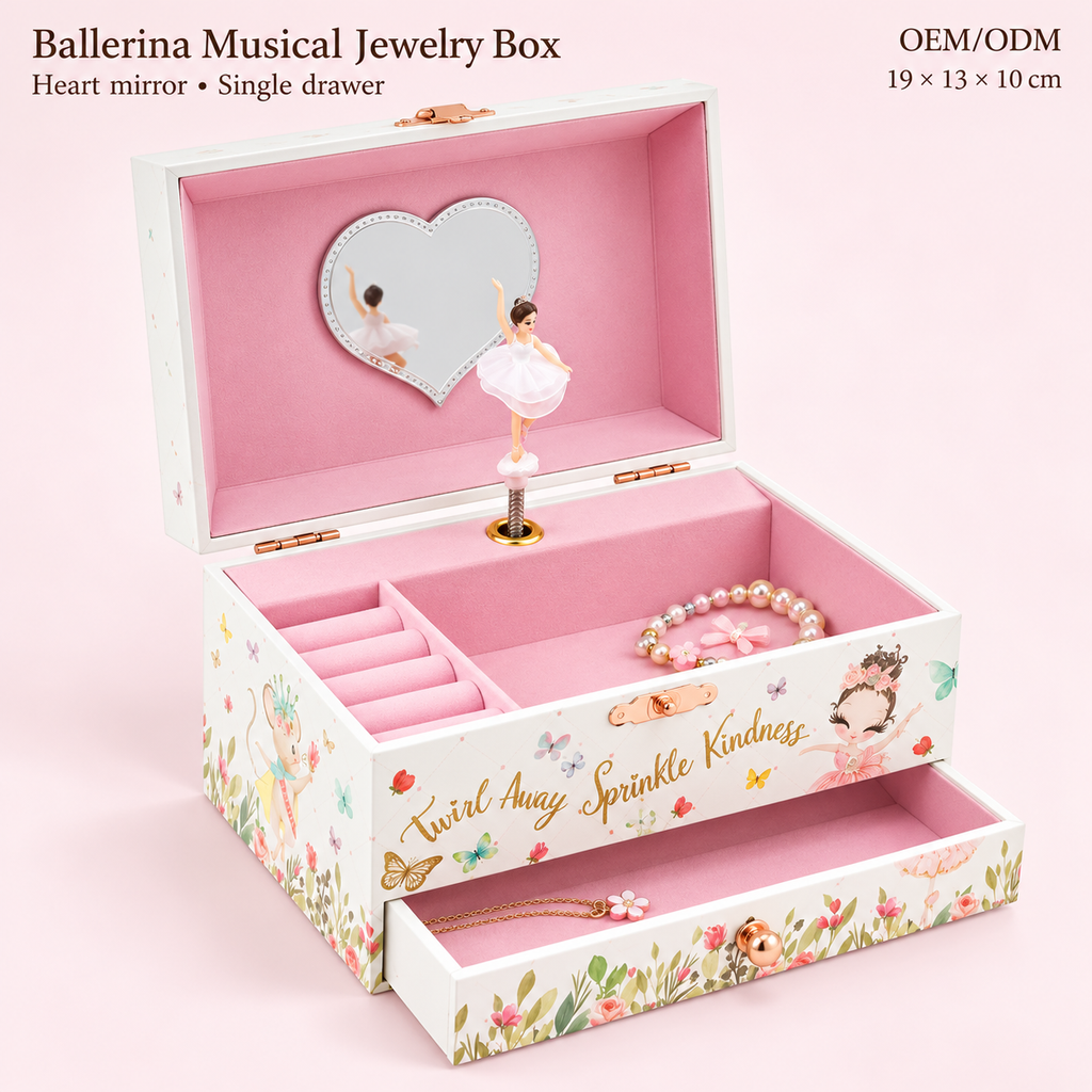 ballerina musical jewelry box for girls
8 inch wooden music box
heart mirror spinning ballerina
single drawer keepsake box
kids birthday gift music box
