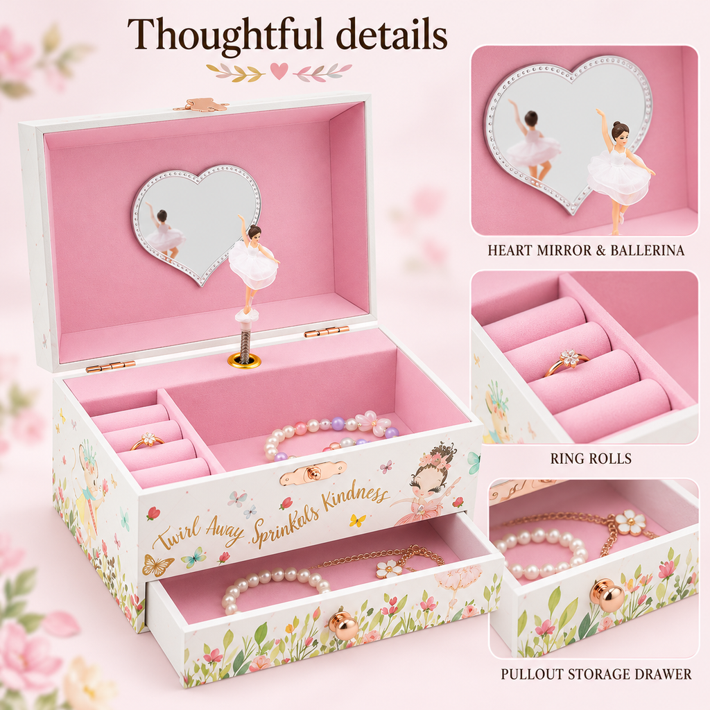 ballerina musical jewelry box for girls
8 inch wooden music box
heart mirror spinning ballerina
single drawer keepsake box
kids birthday gift music box
