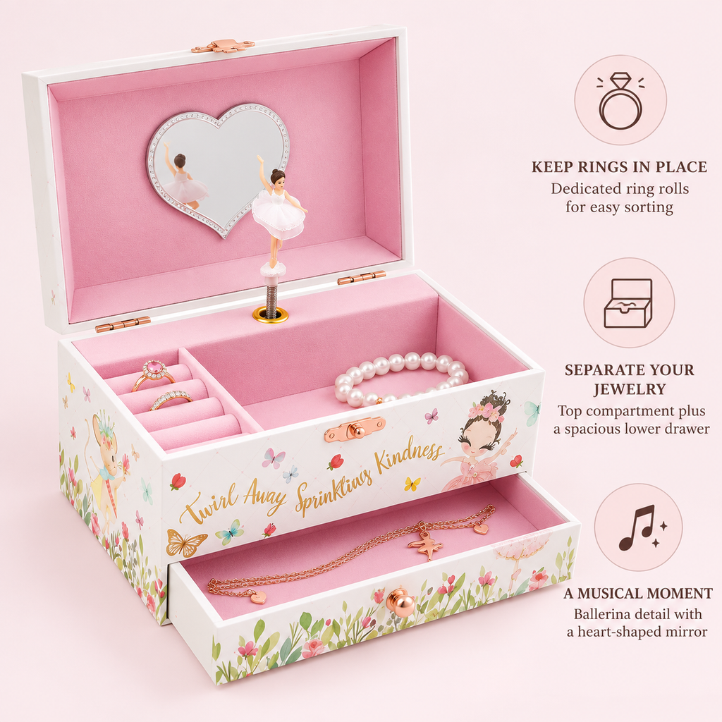 ballerina musical jewelry box for girls
8 inch wooden music box
heart mirror spinning ballerina
single drawer keepsake box
kids birthday gift music box
