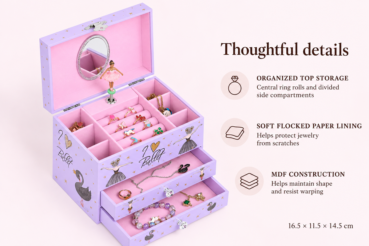 swan lake ballet musical jewelry box
lavender girls music box with mirror
spinning ballerina 2 drawer
divided ring storage keepsake
kids birthday gift music box
