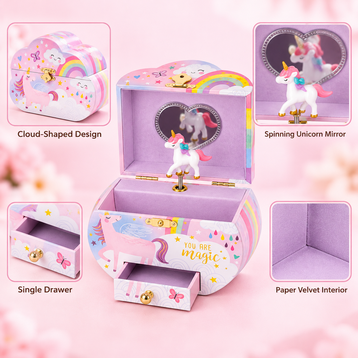 cloud shaped musical jewelry box
pink unicorn heart mirror music box
spinning unicorn single drawer
you are magic keepsake
kids birthday gift music box
