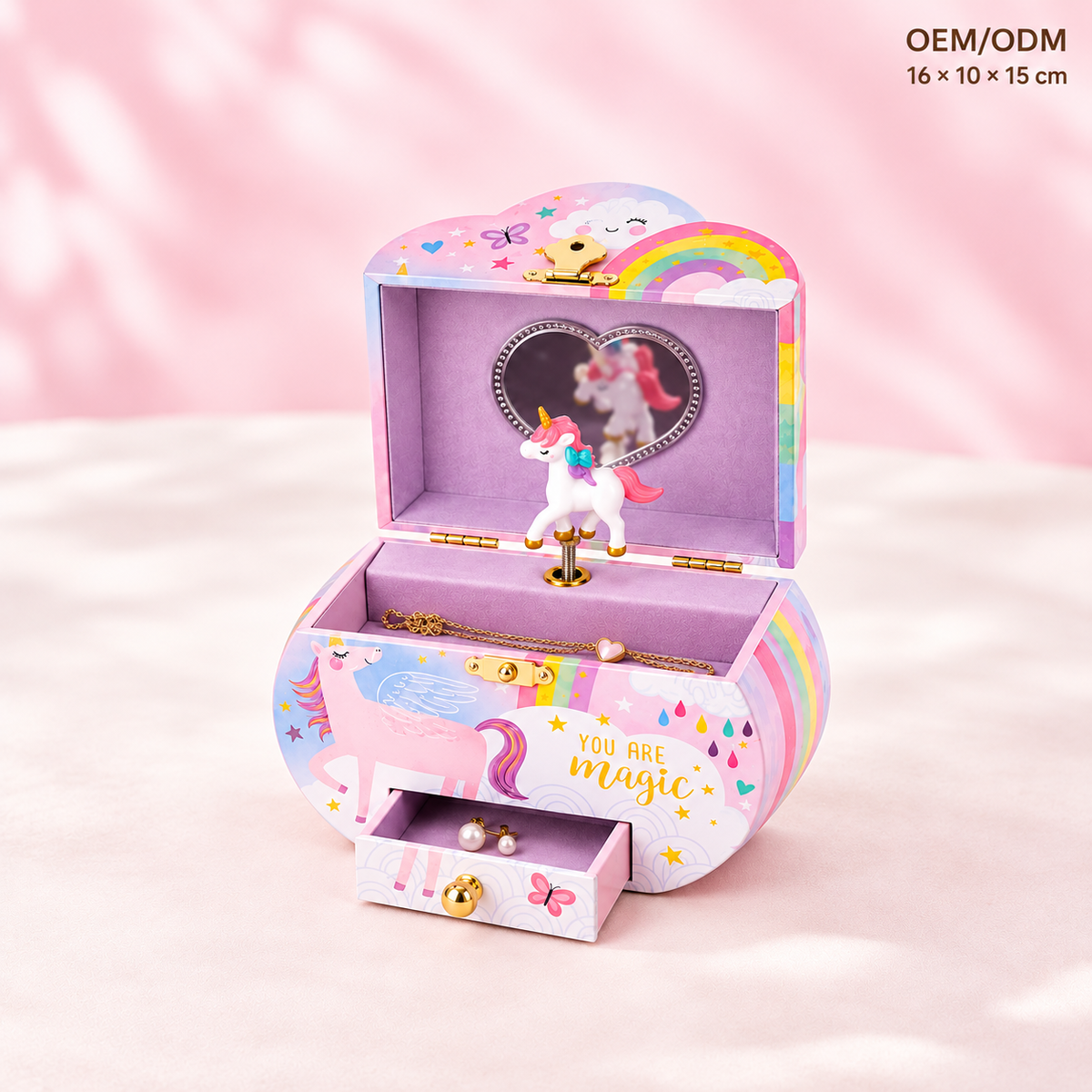 cloud shaped musical jewelry box
pink unicorn heart mirror music box
spinning unicorn single drawer
you are magic keepsake
kids birthday gift music box
